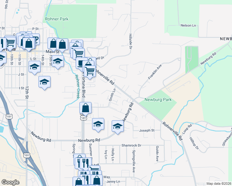 map of restaurants, bars, coffee shops, grocery stores, and more near 2482 Shay Court in Fortuna