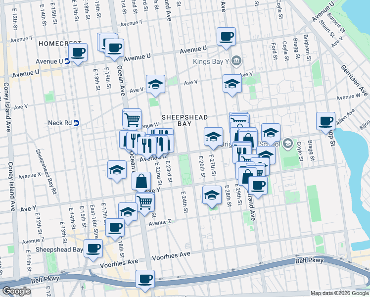 map of restaurants, bars, coffee shops, grocery stores, and more near 4438 Bedford Avenue in Brooklyn
