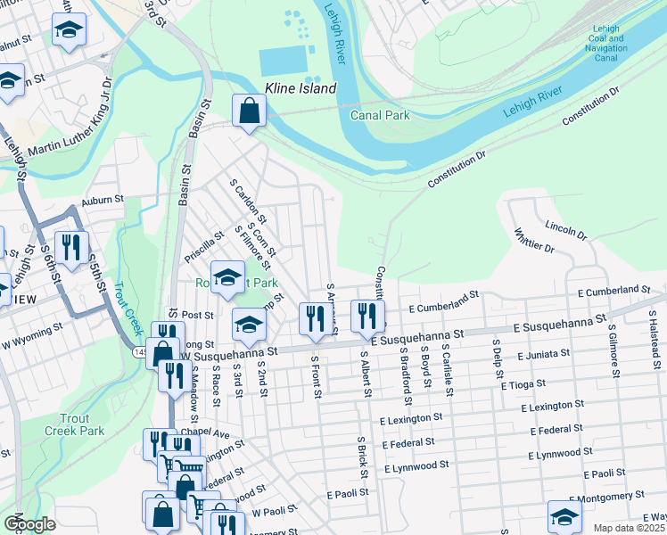 map of restaurants, bars, coffee shops, grocery stores, and more near 933 South Armour Street in Allentown