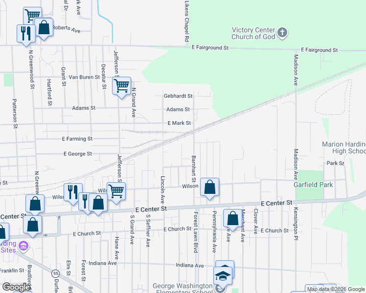map of restaurants, bars, coffee shops, grocery stores, and more near 266 Midlam Avenue in Marion