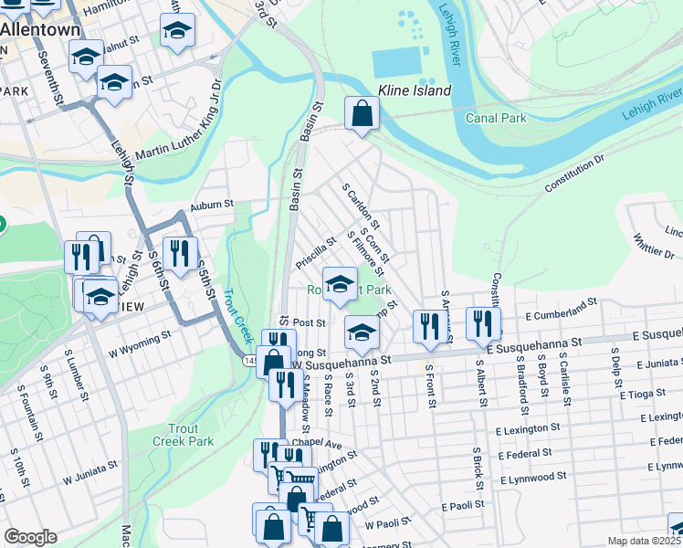 map of restaurants, bars, coffee shops, grocery stores, and more near 747 South Woodward Street in Allentown