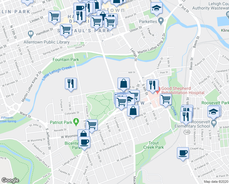 map of restaurants, bars, coffee shops, grocery stores, and more near 702 South 8th Street in Allentown