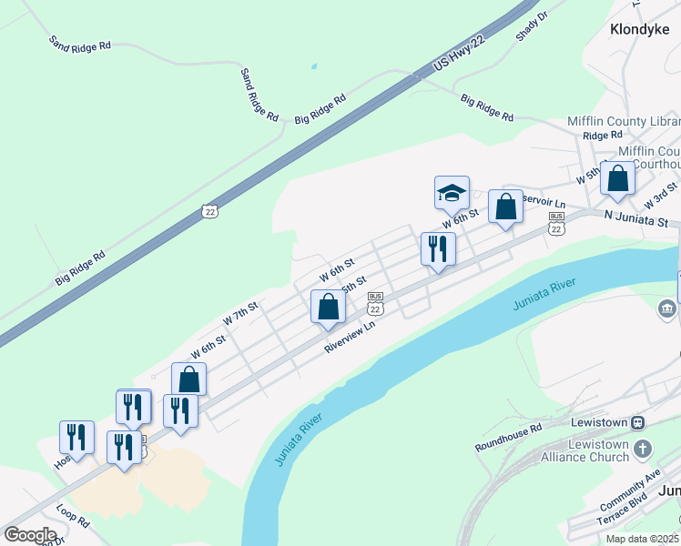 map of restaurants, bars, coffee shops, grocery stores, and more near 734 West 6th Street in Lewistown