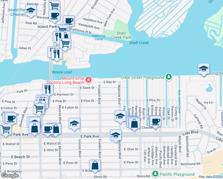 map of restaurants, bars, coffee shops, grocery stores, and more near 532 East Harrison Street in Long Beach