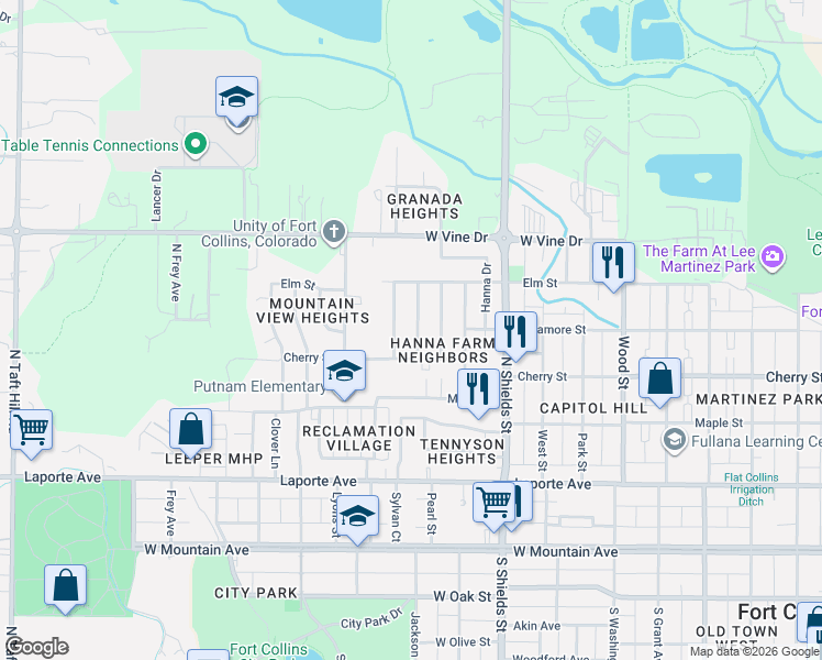 map of restaurants, bars, coffee shops, grocery stores, and more near 402 Tedmon Drive in Fort Collins