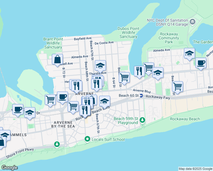 map of restaurants, bars, coffee shops, grocery stores, and more near 64-18 Beach Channel Drive in Queens