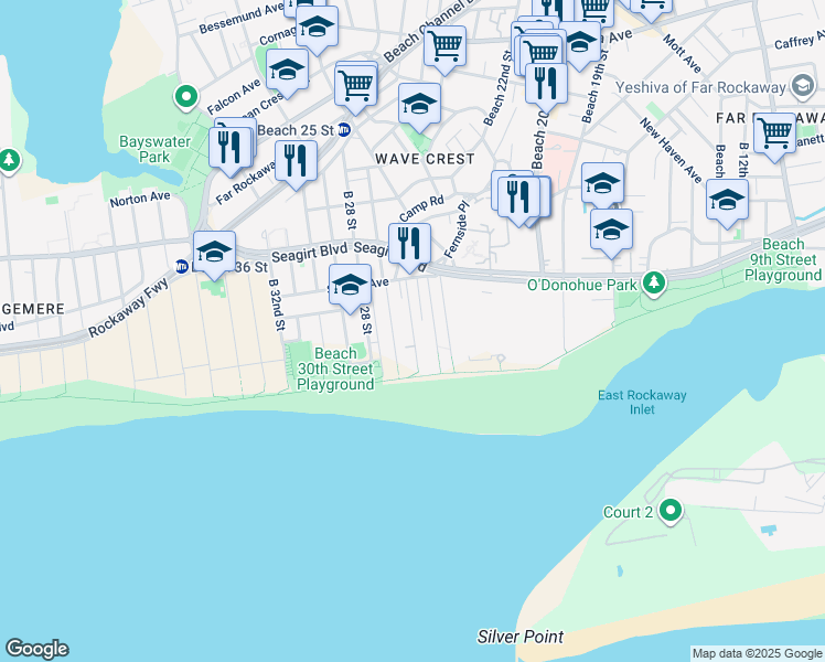 map of restaurants, bars, coffee shops, grocery stores, and more near 145 Beach 26th Street in Queens