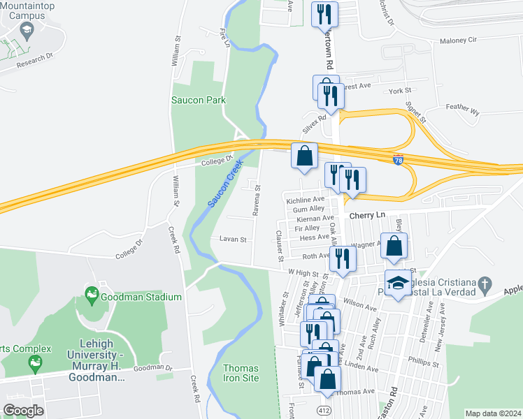 map of restaurants, bars, coffee shops, grocery stores, and more near 1497 Ravena Street in Bethlehem
