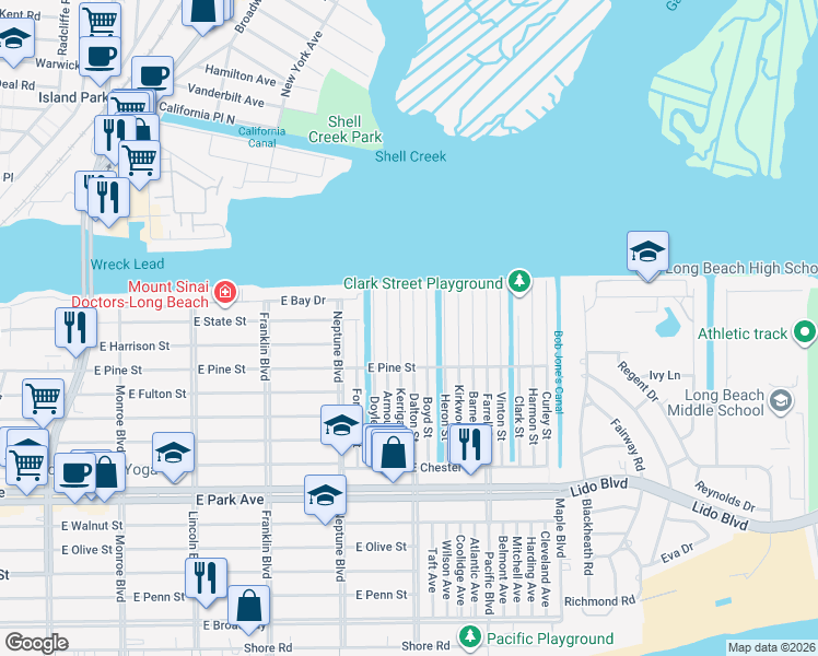 map of restaurants, bars, coffee shops, grocery stores, and more near 61 Dalton Street in Long Beach