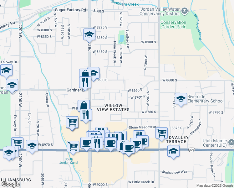 map of restaurants, bars, coffee shops, grocery stores, and more near 8679 Senegal Dove Drive in West Jordan