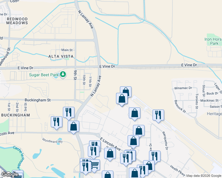 map of restaurants, bars, coffee shops, grocery stores, and more near 599 North Link Lane in Fort Collins