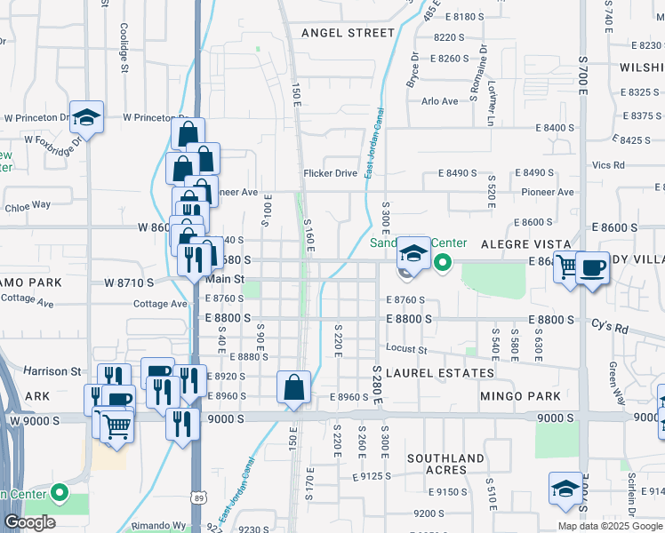map of restaurants, bars, coffee shops, grocery stores, and more near 186 East Main Street in Sandy