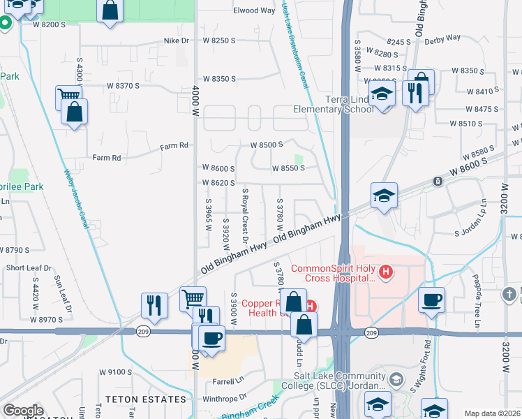 map of restaurants, bars, coffee shops, grocery stores, and more near 3847 Piccadilly Circle in West Jordan