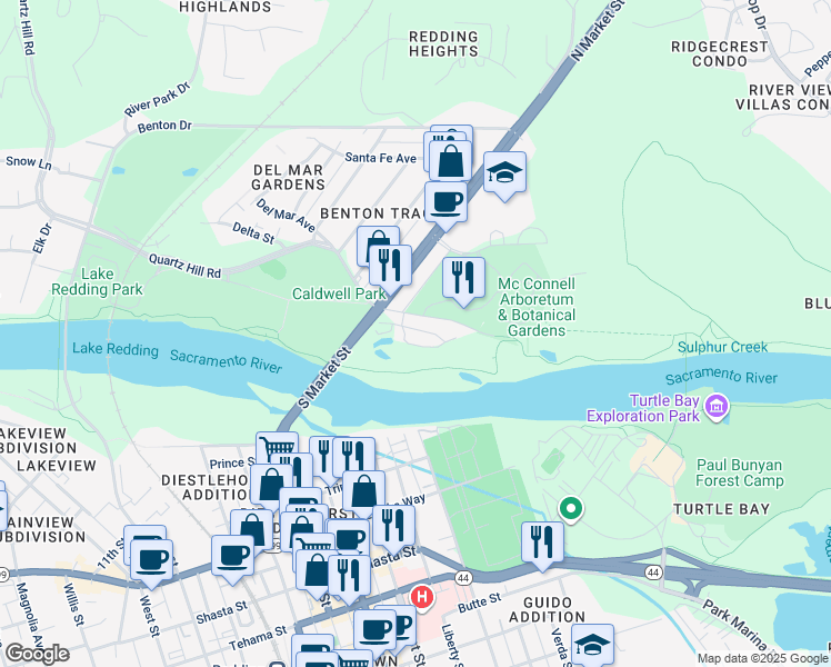 map of restaurants, bars, coffee shops, grocery stores, and more near Sacramento River Trail in Redding