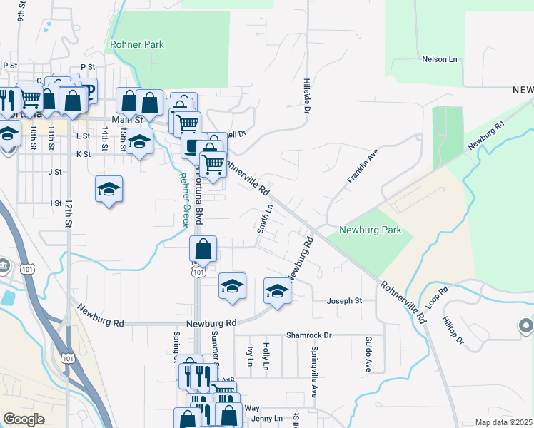 map of restaurants, bars, coffee shops, grocery stores, and more near 3032-3086 Smith Lane in Fortuna