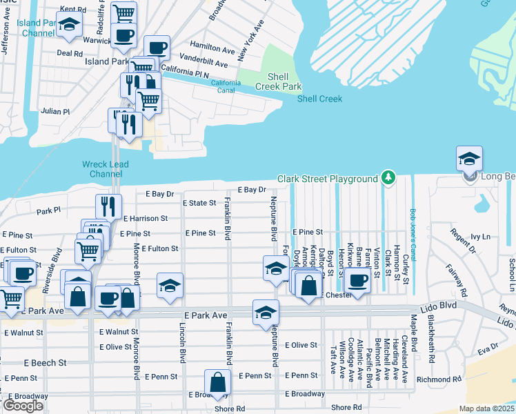 map of restaurants, bars, coffee shops, grocery stores, and more near 532 East Harrison Street in Long Beach