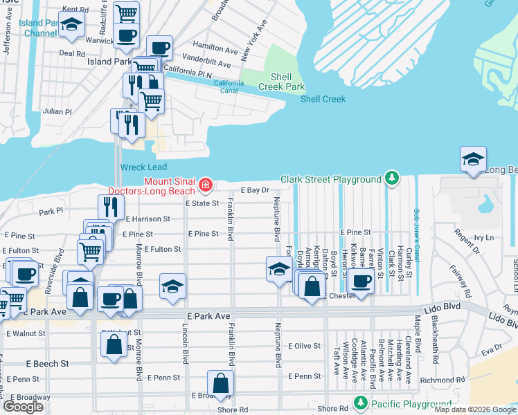 map of restaurants, bars, coffee shops, grocery stores, and more near 532 East Harrison Street in Long Beach