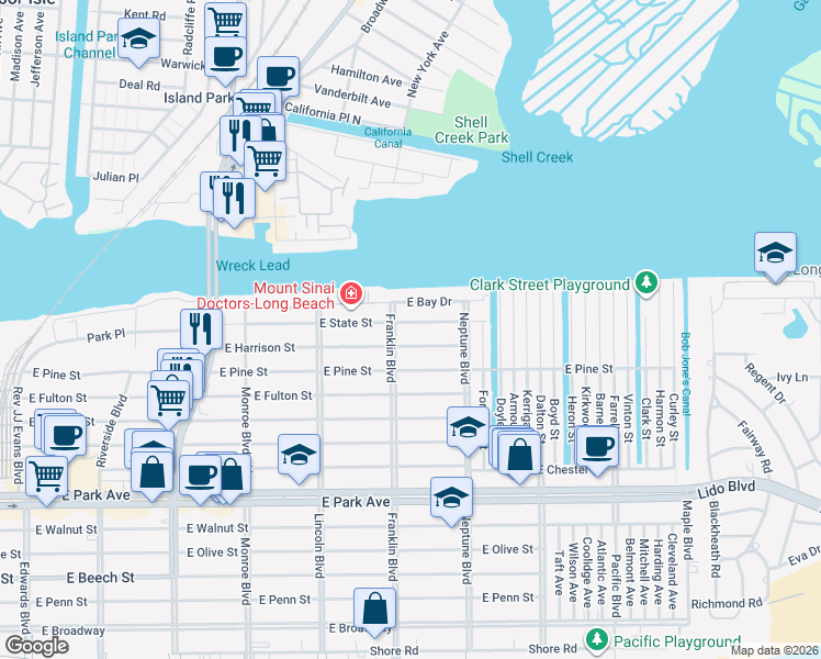 map of restaurants, bars, coffee shops, grocery stores, and more near 532 East Harrison Street in Long Beach
