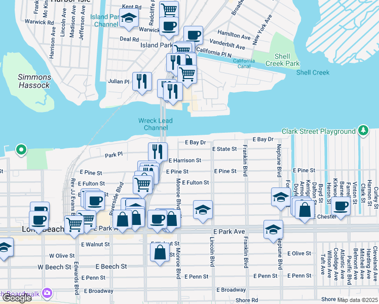 map of restaurants, bars, coffee shops, grocery stores, and more near 328 East Harrison Street in Long Beach