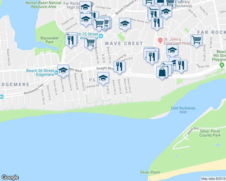 map of restaurants, bars, coffee shops, grocery stores, and more near 1-28 Beach 27th Street in Queens