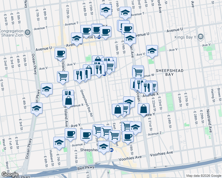 map of restaurants, bars, coffee shops, grocery stores, and more near 2360 East 16th Street in Brooklyn