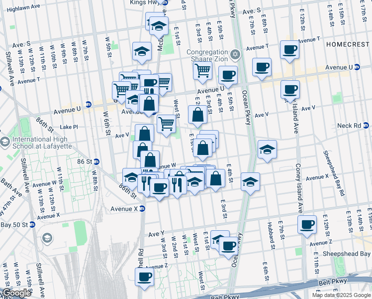 map of restaurants, bars, coffee shops, grocery stores, and more near 2286 West Street in Brooklyn