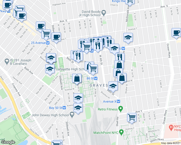 map of restaurants, bars, coffee shops, grocery stores, and more near 2811 86th Street in Brooklyn