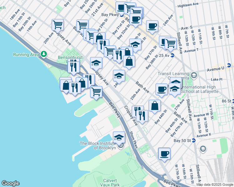 map of restaurants, bars, coffee shops, grocery stores, and more near 275 Bay 37th Street in Brooklyn