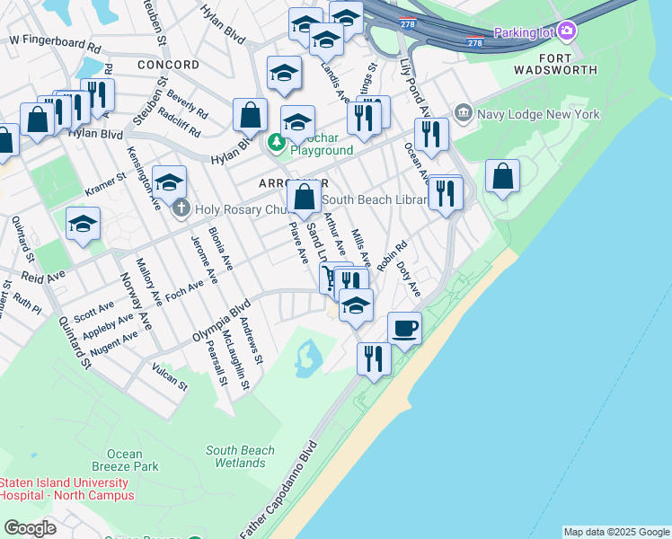map of restaurants, bars, coffee shops, grocery stores, and more near 266 Sand Lane in Staten Island