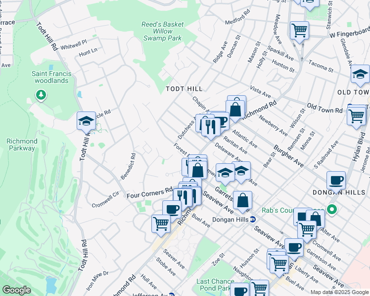 map of restaurants, bars, coffee shops, grocery stores, and more near 11 Forest Road in Staten Island