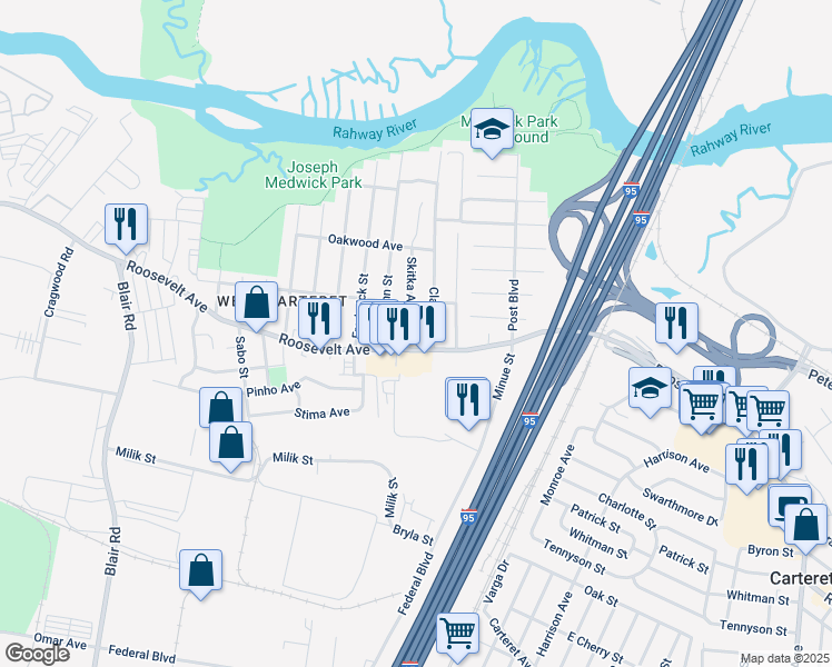 map of restaurants, bars, coffee shops, grocery stores, and more near 1235-1239 Roosevelt Avenue in Carteret