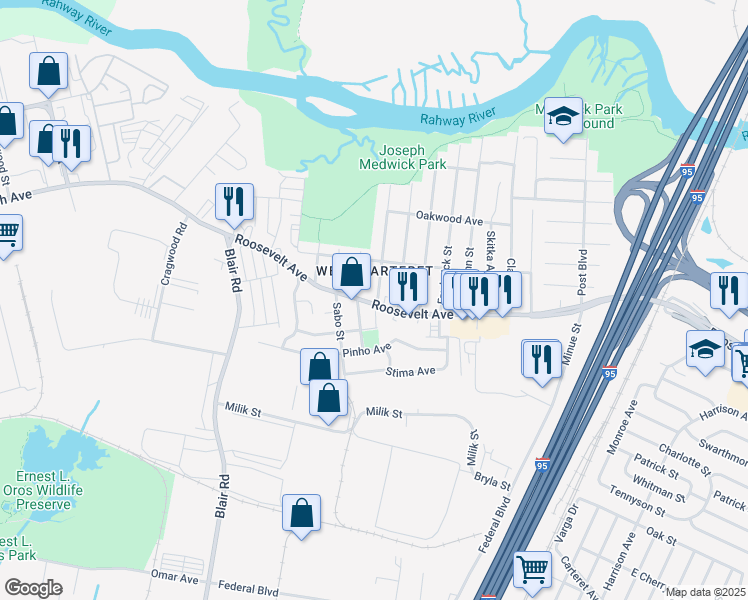 map of restaurants, bars, coffee shops, grocery stores, and more near 47 Orchard Street in Carteret