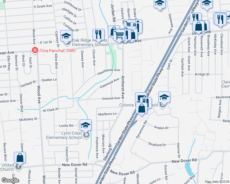 map of restaurants, bars, coffee shops, grocery stores, and more near 165 Amherst Avenue in Woodbridge Township