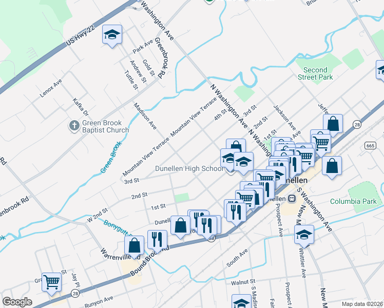 map of restaurants, bars, coffee shops, grocery stores, and more near 601 Madison Avenue in Dunellen