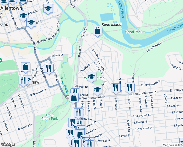 map of restaurants, bars, coffee shops, grocery stores, and more near 747 South Woodward Street in Allentown