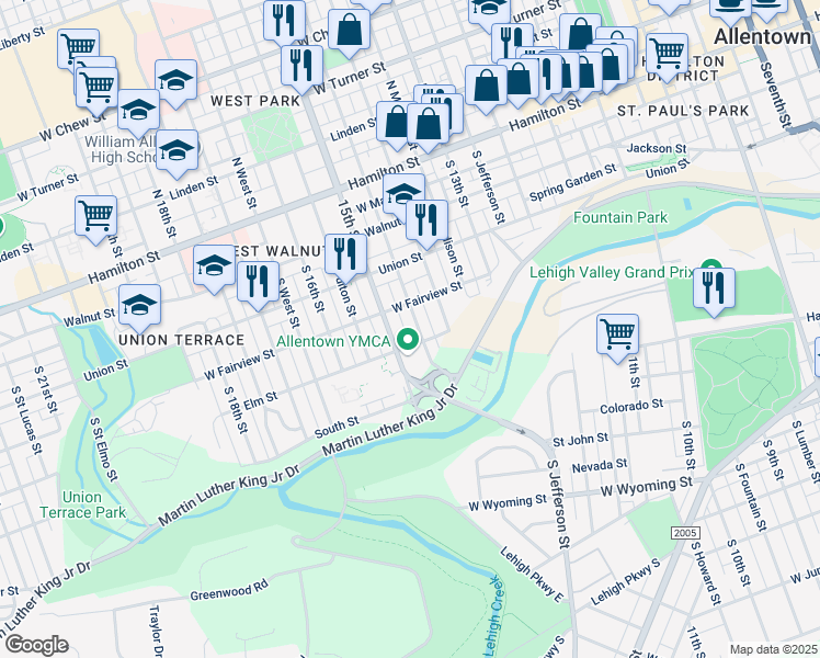 map of restaurants, bars, coffee shops, grocery stores, and more near 405 South Franklin Street in Allentown