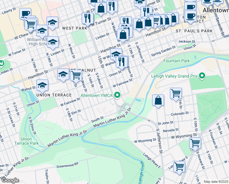 map of restaurants, bars, coffee shops, grocery stores, and more near in Allentown