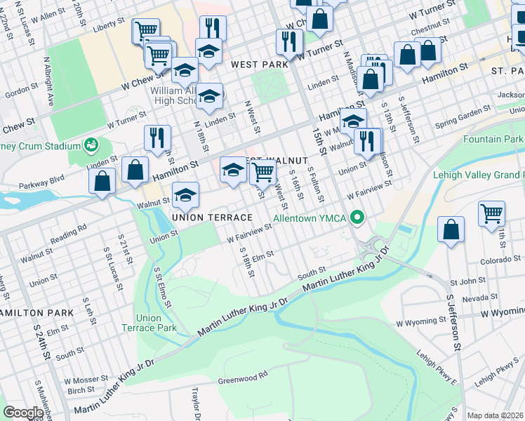 map of restaurants, bars, coffee shops, grocery stores, and more near 239 South 17th Street in Allentown