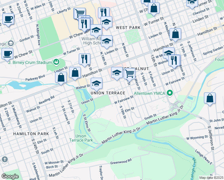 map of restaurants, bars, coffee shops, grocery stores, and more near 1814 Union Street in Allentown