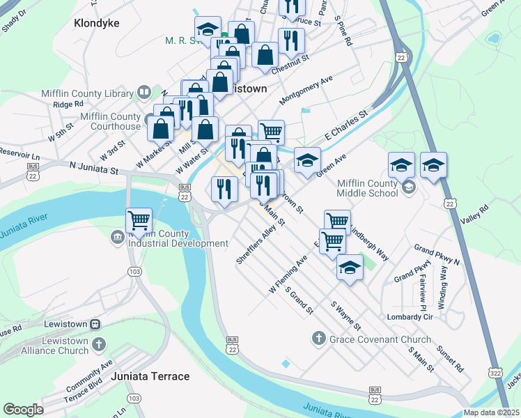 map of restaurants, bars, coffee shops, grocery stores, and more near 318 South Main Street in Lewistown