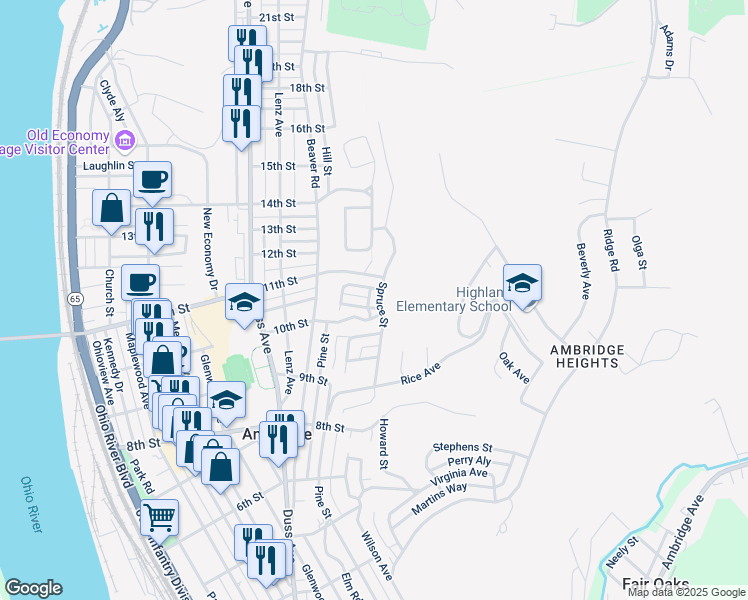 map of restaurants, bars, coffee shops, grocery stores, and more near 1018 10th Street in Ambridge
