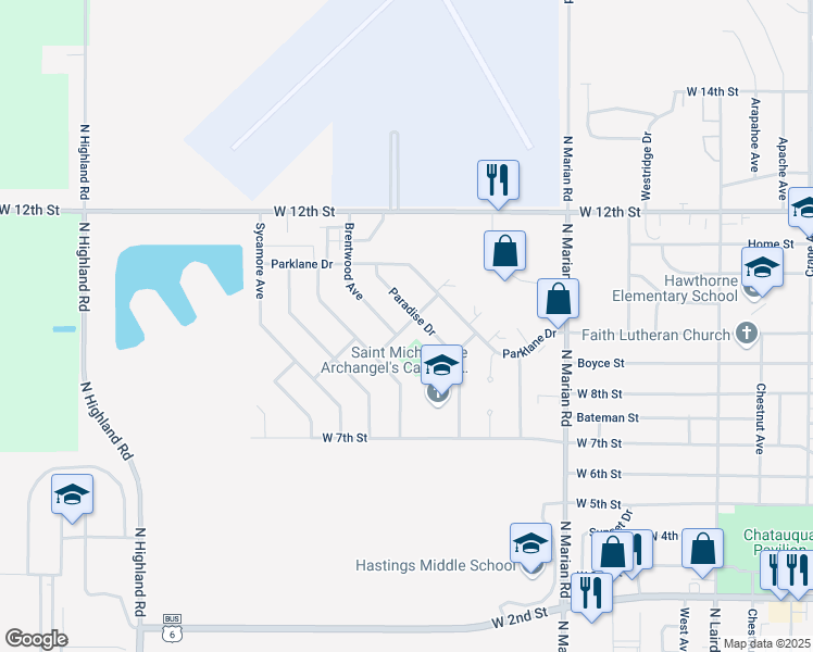 map of restaurants, bars, coffee shops, grocery stores, and more near Village Drive in Hastings