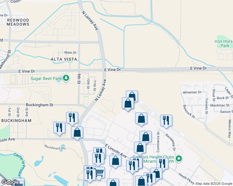 map of restaurants, bars, coffee shops, grocery stores, and more near 599 North Link Lane in Fort Collins