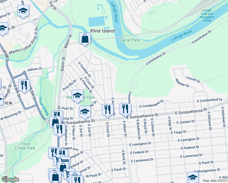 map of restaurants, bars, coffee shops, grocery stores, and more near 933 South Armour Street in Allentown