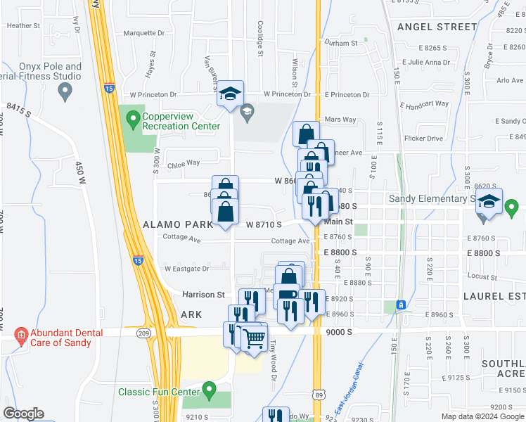 map of restaurants, bars, coffee shops, grocery stores, and more near 101 Paula Drive in Sandy