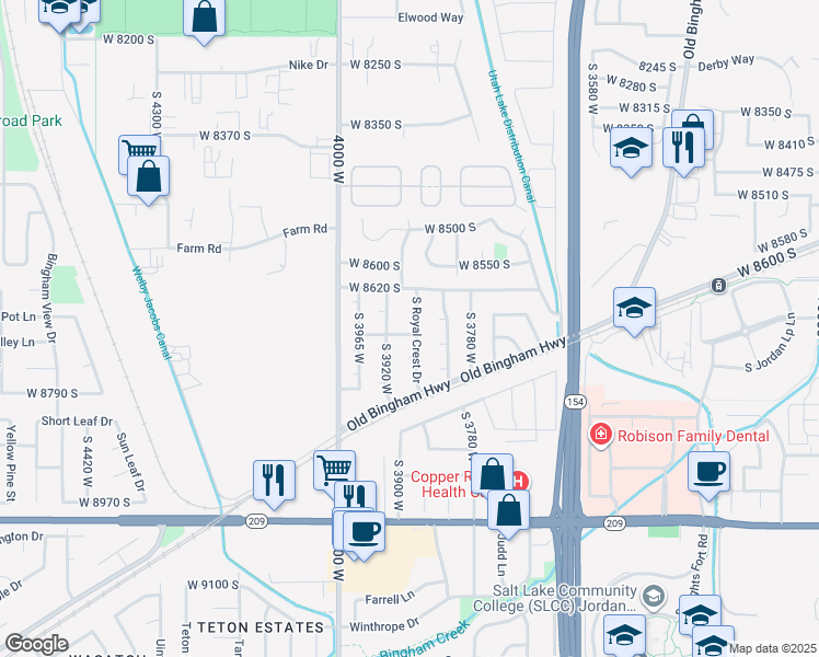 map of restaurants, bars, coffee shops, grocery stores, and more near 3888 West 8700 South in West Jordan