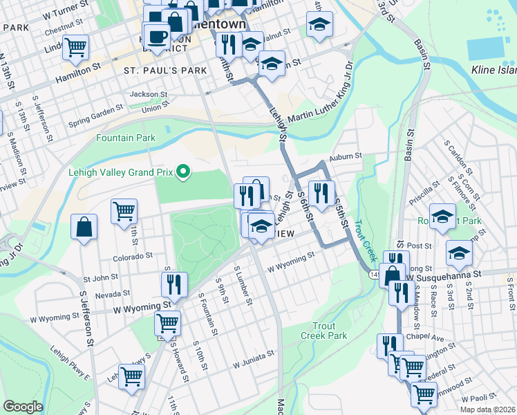 map of restaurants, bars, coffee shops, grocery stores, and more near 743 South Hall Street in Allentown