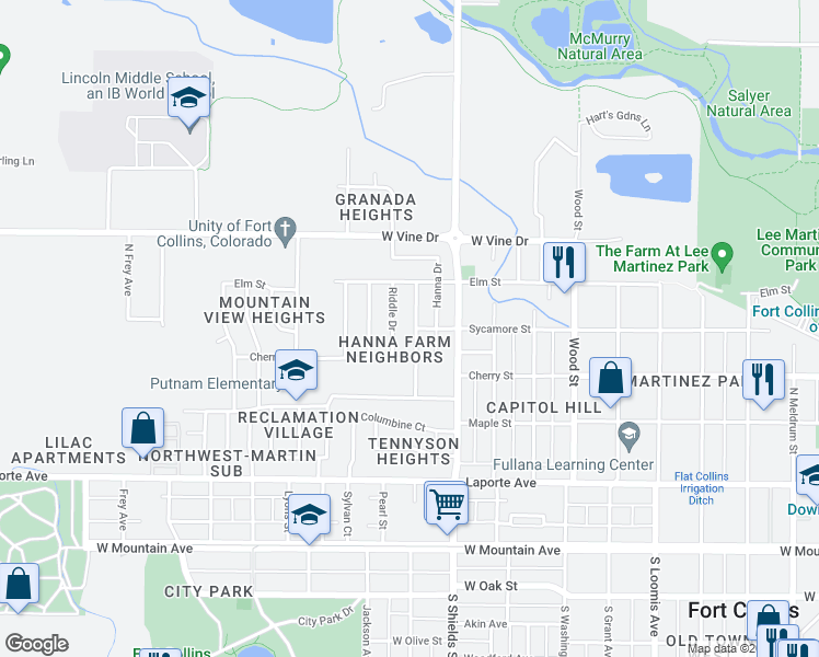 map of restaurants, bars, coffee shops, grocery stores, and more near 409 Pearl Street in Fort Collins