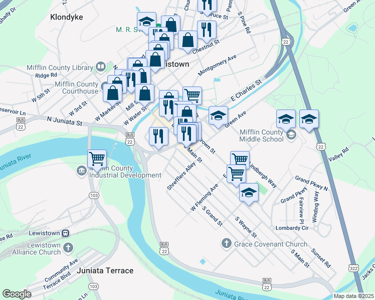 map of restaurants, bars, coffee shops, grocery stores, and more near 324 South Main Street in Lewistown