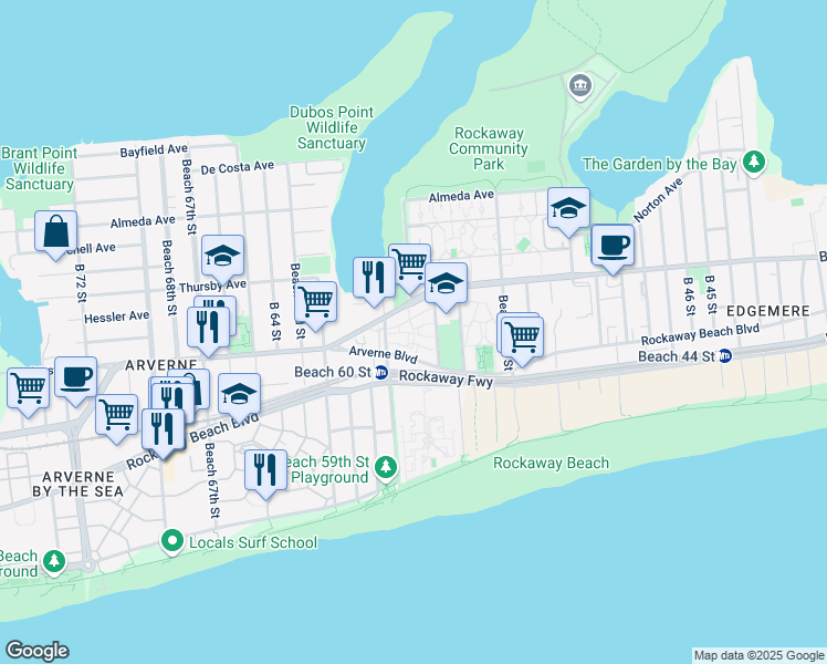 map of restaurants, bars, coffee shops, grocery stores, and more near 56-33 Arverne Boulevard in Queens